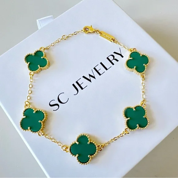Last 3 🔥 Green Onyx Stone & Gold Clover Bracelet Double Sided Luxury Jewelry - Picture 5 of 10